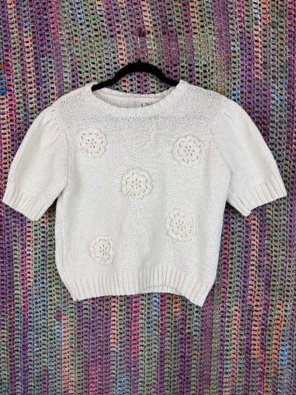 Joie Knit Short Sleeve Sweater Floral Applique Crochet Top (Size M)